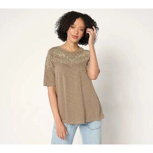 LOGO Lavish Lori Goldstein Top Plus Size 2X Cotton Short Sleeve Embroidered NEW